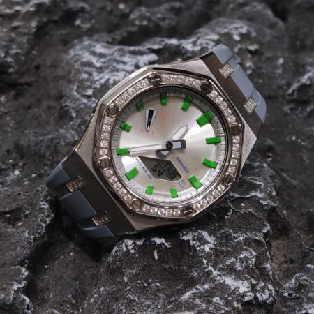 Ga 2100 Diamond Case Silver Dial Grey Rubber Strap Watch 