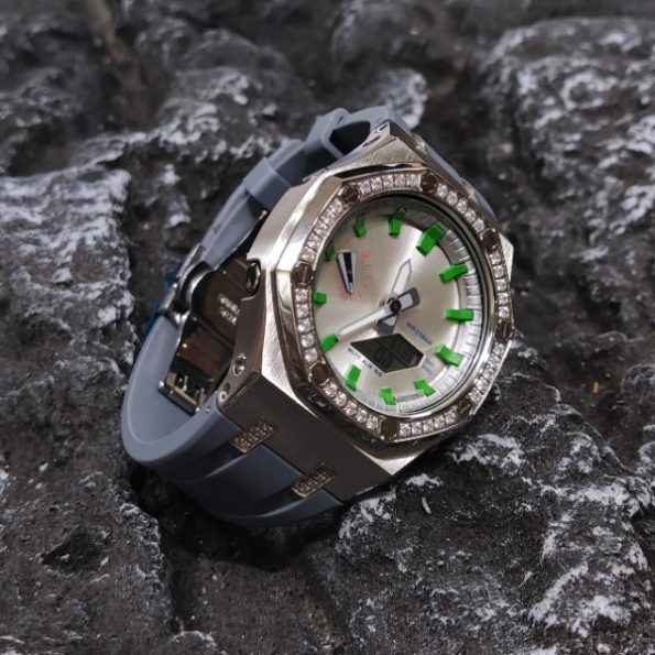 Ga 2100 Diamond Case Silver Dial Grey Rubber Strap Watch