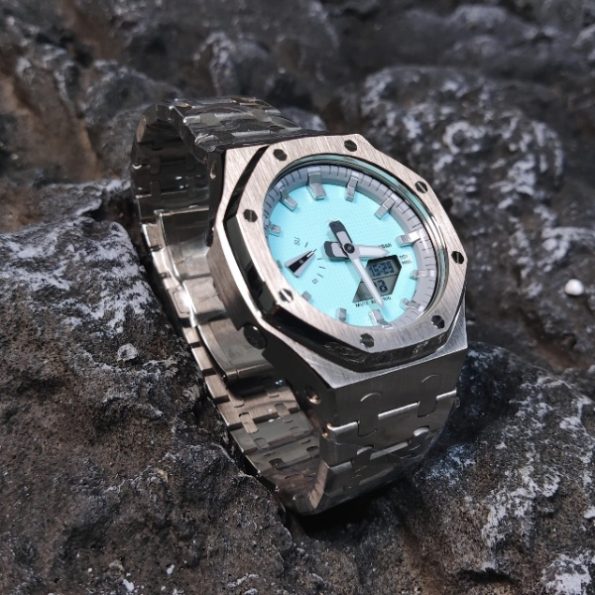 Ga 2100 Polish Silver Stainless Steel Watch With Tiffany Blue Dial