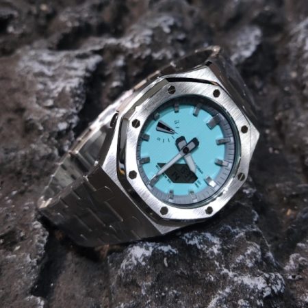 Ga 2100 Polish Silver Stainless Steel Watch With Tiffany Blue Dial 