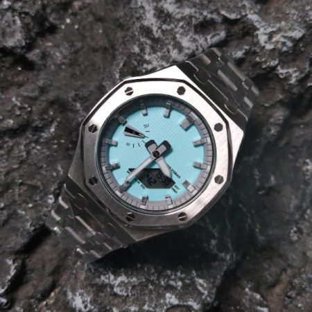 Ga 2100 Polish Silver Stainless Steel Watch With Tiffany Blue Dial