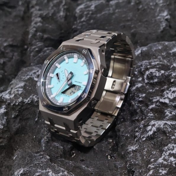 Ga 2100 Silver Bezel Steel Strap With Embossed Tiffany Blue Dial Watch