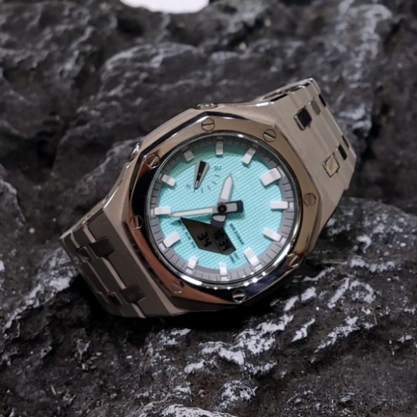 Ga 2100 Silver Bezel Steel Strap With Embossed Tiffany Blue Dial Watch