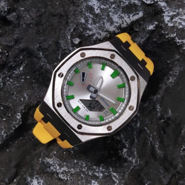 Ga 2100 Silver Case Dial With Green Scale Yellow Rubber Strap