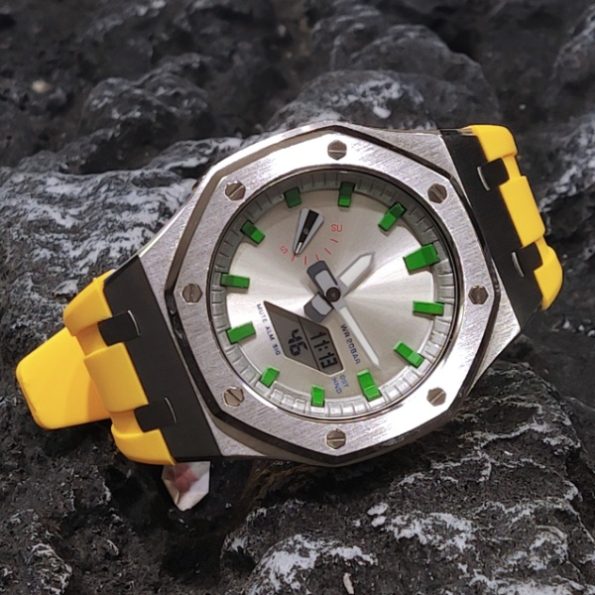 Ga 2100 Silver Case Dial With Green Scale Yellow Rubber Strap