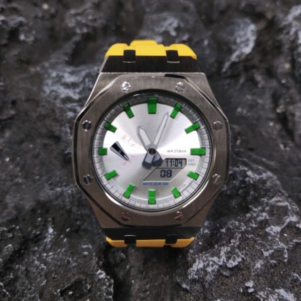 Ga 2100 Silver Case Dial With Green Scale Yellow Rubber Strap
