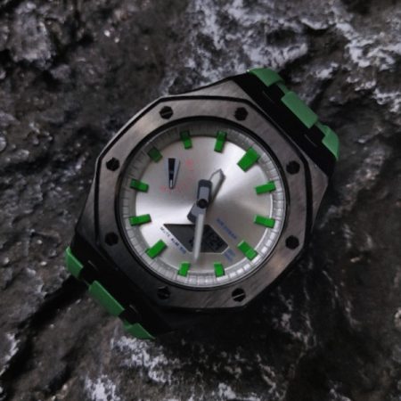 Ga 2100 Silver Dial With Green Scale Black Case Green Rubber Band