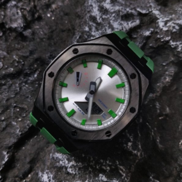 Ga 2100 Silver Dial With Green Scale Black Case Green Rubber Band