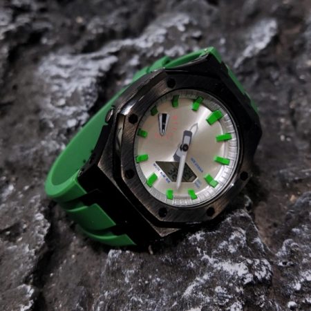 Ga 2100 Silver Dial With Green Scale Black Case Green Rubber Band 