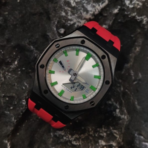 Ga 2100 Silver Dial With Green Scale Black Case Red Rubber Band