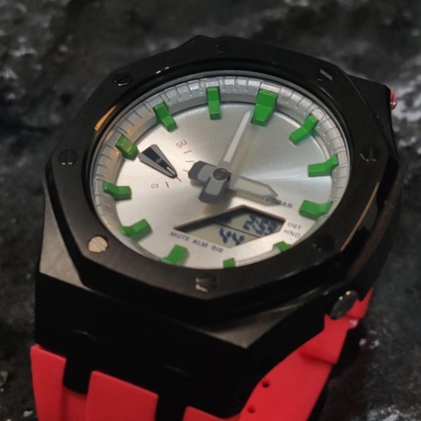 Ga 2100 Silver Dial With Green Scale Black Case Red Rubber Band