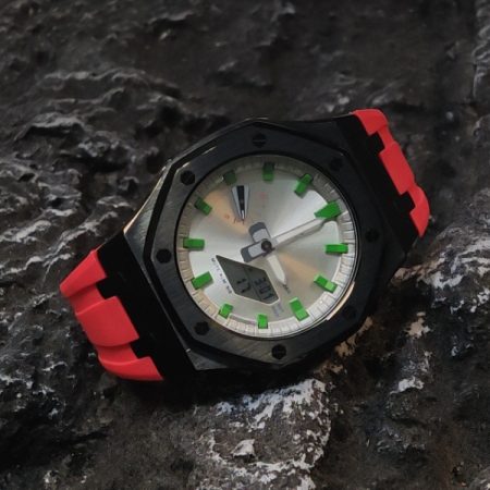 Ga 2100 Silver Dial With Green Scale Black Case Red Rubber Band 