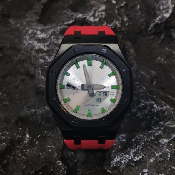 Ga 2100 Silver Dial With Green Scale Black Case Red Rubber Band