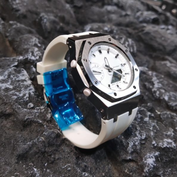 Ga 2100 Silver And White Rubber Strap Band Watch