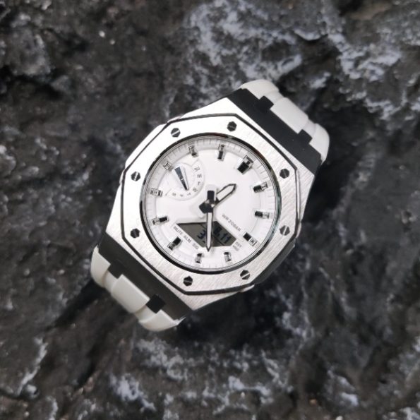 Ga 2100 Silver And White Rubber Strap Band Watch