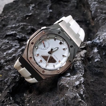 Ga 2100 Silver And White Rubber Strap Band Watch 