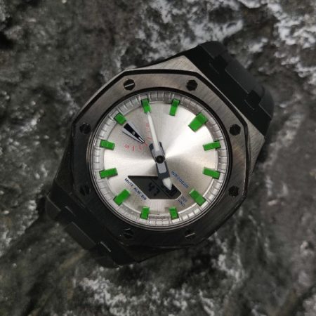 Ga2100 Black Case Silver Dial With Green Scale Rubber Strap Watch