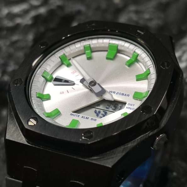 Ga2100 Black Case Silver Dial With Green Scale Rubber Strap Watch