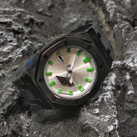 Ga2100 Black Case Silver Dial With Green Scale Rubber Strap Watch 