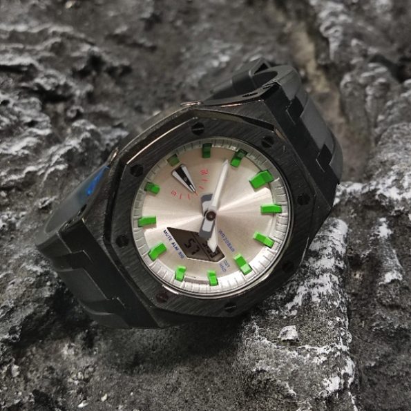 Ga2100 Black Case Silver Dial With Green Scale Rubber Strap Watch