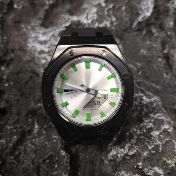 Ga2100 Black Case Silver Dial With Green Scale Rubber Strap Watch