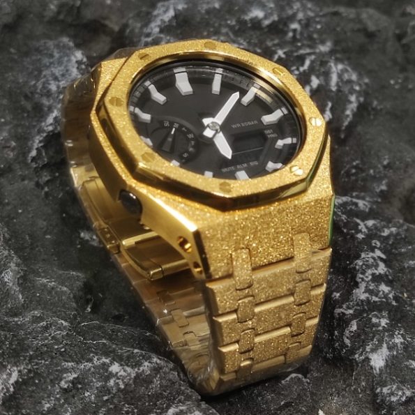 Ga2100 Black Dial Gold Sparkle Bezel Steel Strap