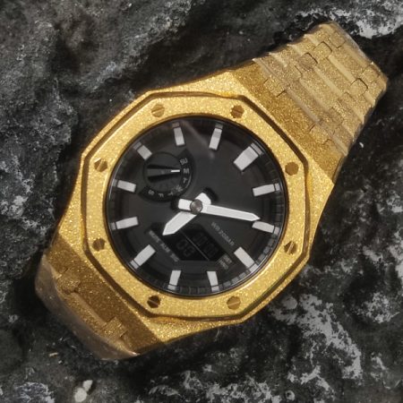 Ga2100 Black Dial Gold Sparkle Bezel Steel Strap