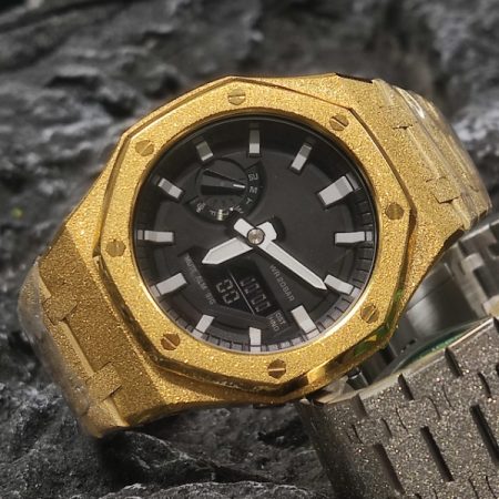 Ga2100 Black Dial Gold Sparkle Bezel Steel Strap 