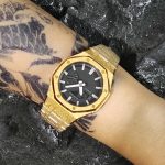 Ga2100 Black Dial Gold Sparkle Bezel Steel Strap