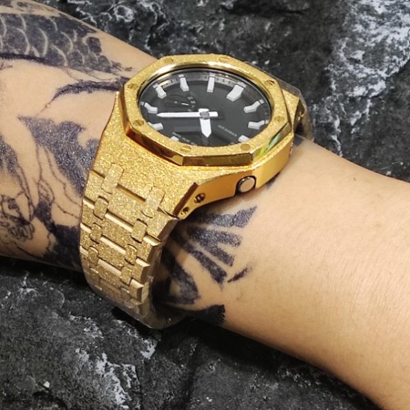 Ga2100 Black Dial Gold Sparkle Bezel Steel Strap