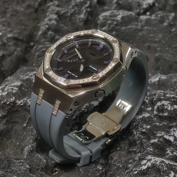Ga2100 Black Dial With Purple Scale Grey Rubber Strap Watch
