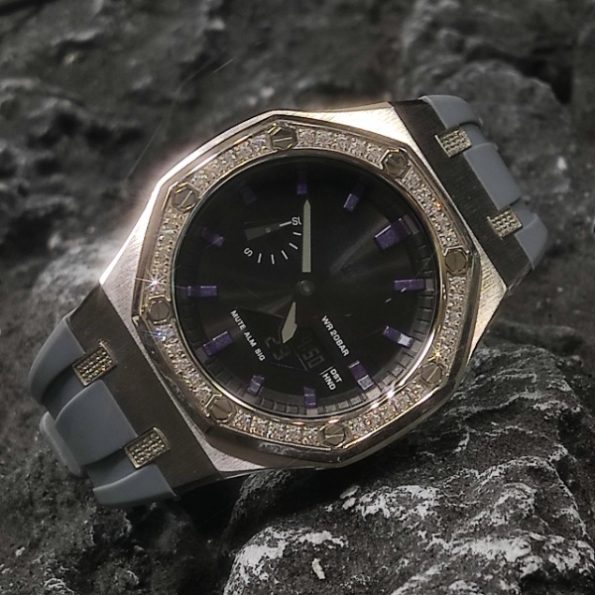 Ga2100 Black Dial With Purple Scale Grey Rubber Strap Watch