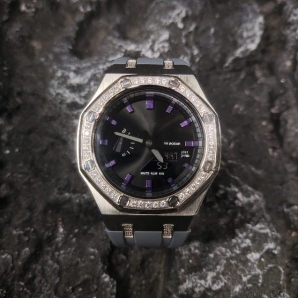 Ga2100 Black Dial With Purple Scale Grey Rubber Strap Watch