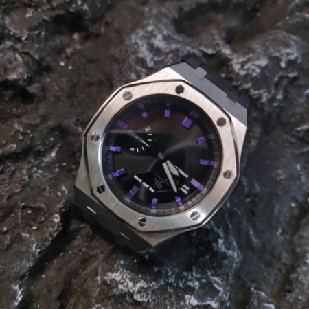 Ga2100 Black Mirror Dial Purple Scale Silver Case Watch