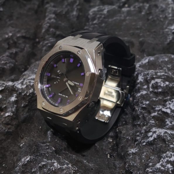 Ga2100 Black Mirror Dial Purple Scale Silver Case Watch