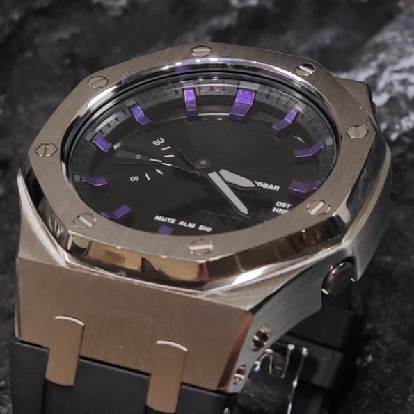 Ga2100 Black Mirror Dial Purple Scale Silver Case Watch