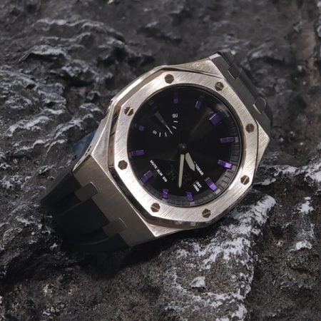 Ga2100 Black Mirror Dial Purple Scale Silver Case Watch 