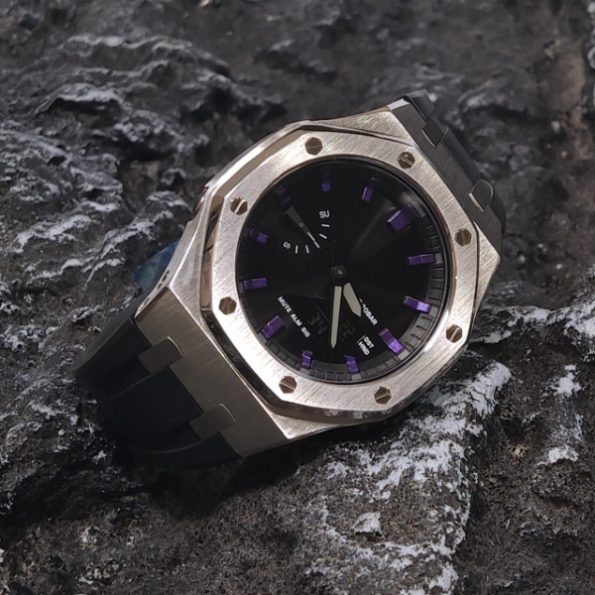 Ga2100 Black Mirror Dial Purple Scale Silver Case Watch