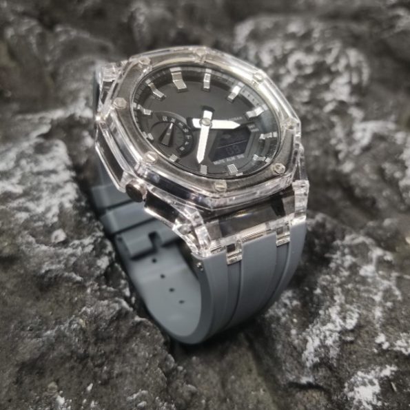 Ga2100 Black Dial Silver Scale Transparent Case Grey Rubber Strap
