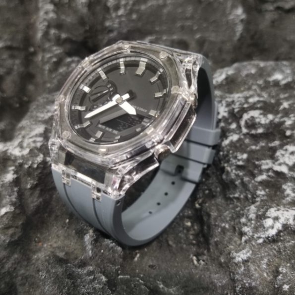 Ga2100 Black Dial Silver Scale Transparent Case Grey Rubber Strap