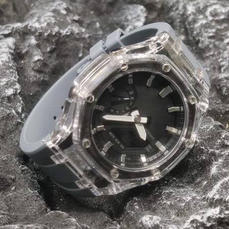 Ga2100 Black Dial Silver Scale Transparent Case Grey Rubber Strap 