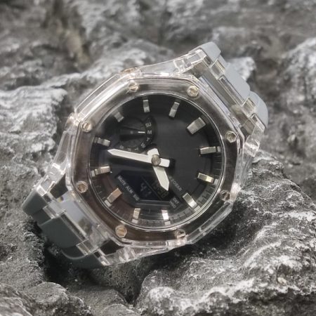Ga2100 Black Dial Silver Scale Transparent Case Grey Rubber Strap