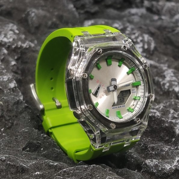 Ga2100 Green Silver Transparent Case Rubber Strap Watch