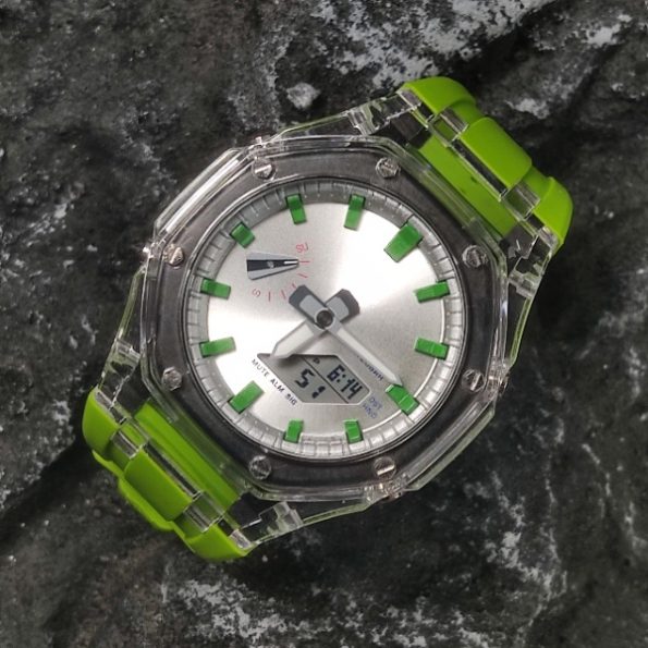 Ga2100 Green Silver Transparent Case Rubber Strap Watch