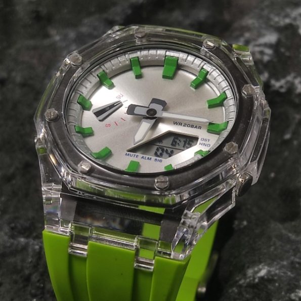 Ga2100 Green Silver Transparent Case Rubber Strap Watch