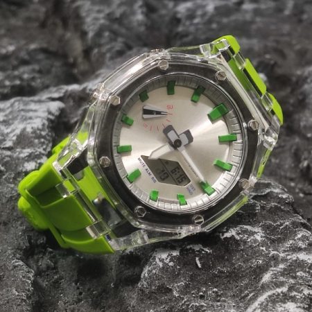 Ga2100 Green Silver Transparent Case Rubber Strap Watch 