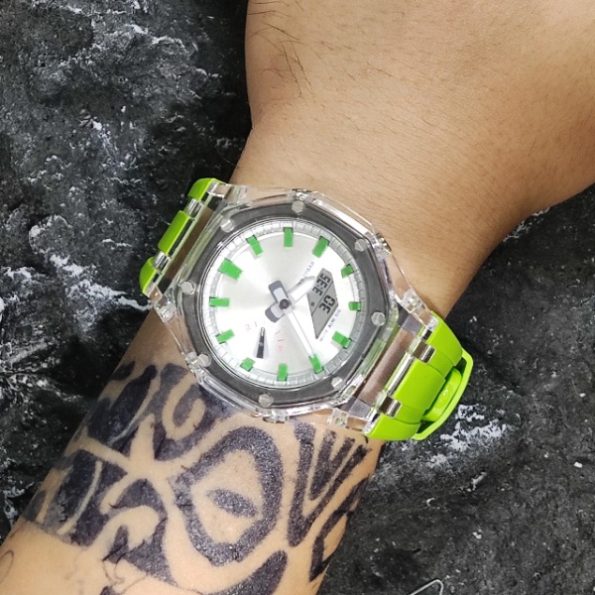 Ga2100 Green Silver Transparent Case Rubber Strap Watch