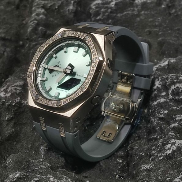 Ga2100 Mirror Light Green Dial Diamond Case Grey Rubber Strap