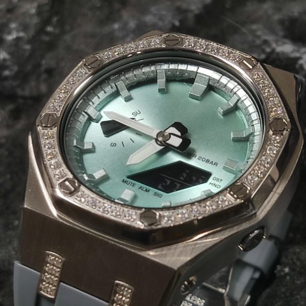 Ga2100 Mirror Light Green Dial Diamond Case Grey Rubber Strap