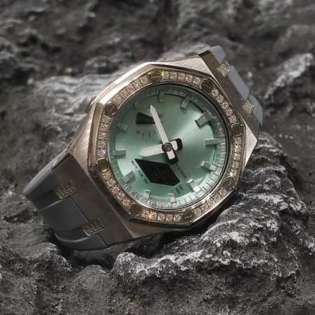 Ga2100 Mirror Light Green Dial Diamond Case Grey Rubber Strap 